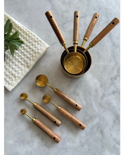 Acacia Wood and Gold Measuring Cups, Set of 8
