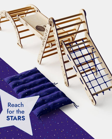 Apollo 5in1 Climbing Set:  Pikler Triangle, Net, Arch, Slide Board, and Cushion for Little Astronauts