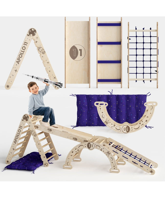 Apollo 5in1 Climbing Set:  Pikler Triangle, Net, Arch, Slide Board, and Cushion for Little Astronauts