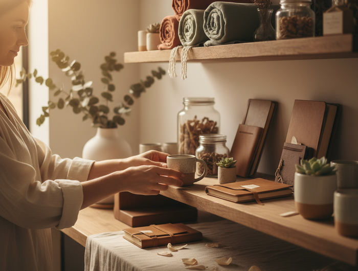 这是一个很温馨的店, 我认真的去挑选产品来卖给客人, 帮我生成一个banner图片来体现这种氛围, 同时