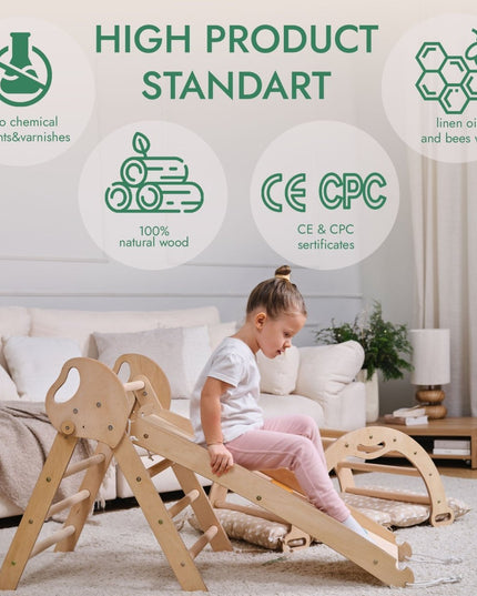 4in1 Montessori Climbing Set: Pikler Triangle, Arch, Slide Board, and Cushion for Toddlers (1–3 Years)