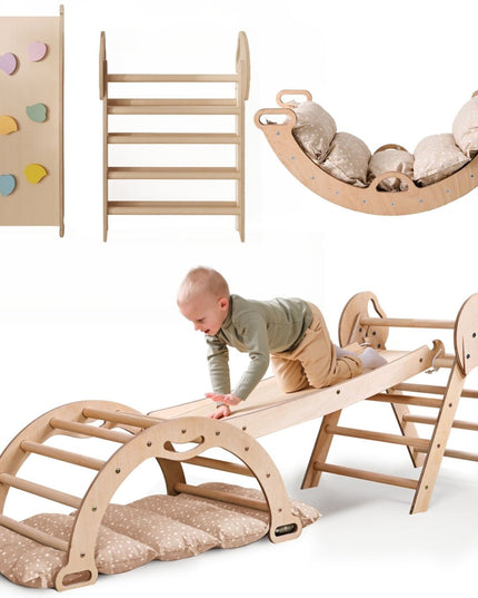 4in1 Montessori Climbing Set: Pikler Triangle, Arch, Slide Board, and Cushion for Toddlers (1–3 Years)