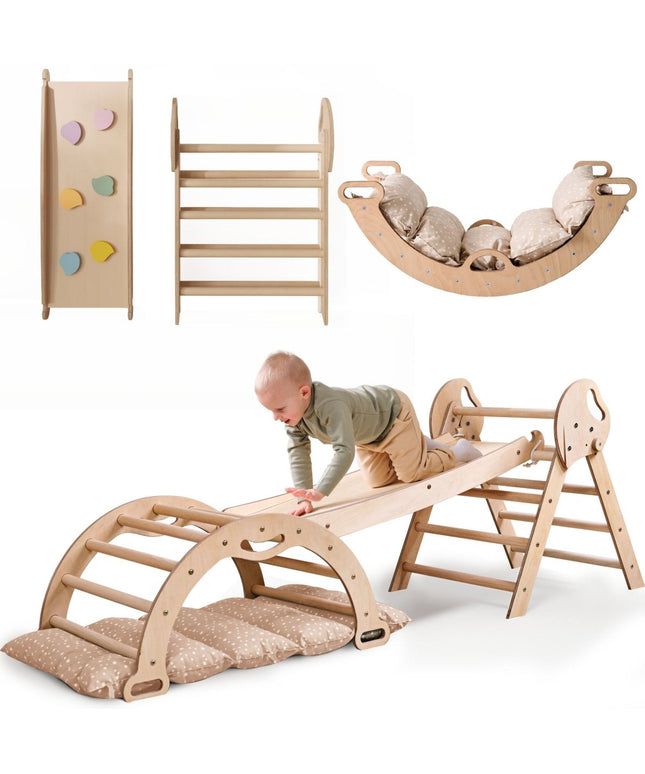 4in1 Montessori Climbing Set: Pikler Triangle, Arch, Slide Board, and Cushion for Toddlers (1–3 Years)