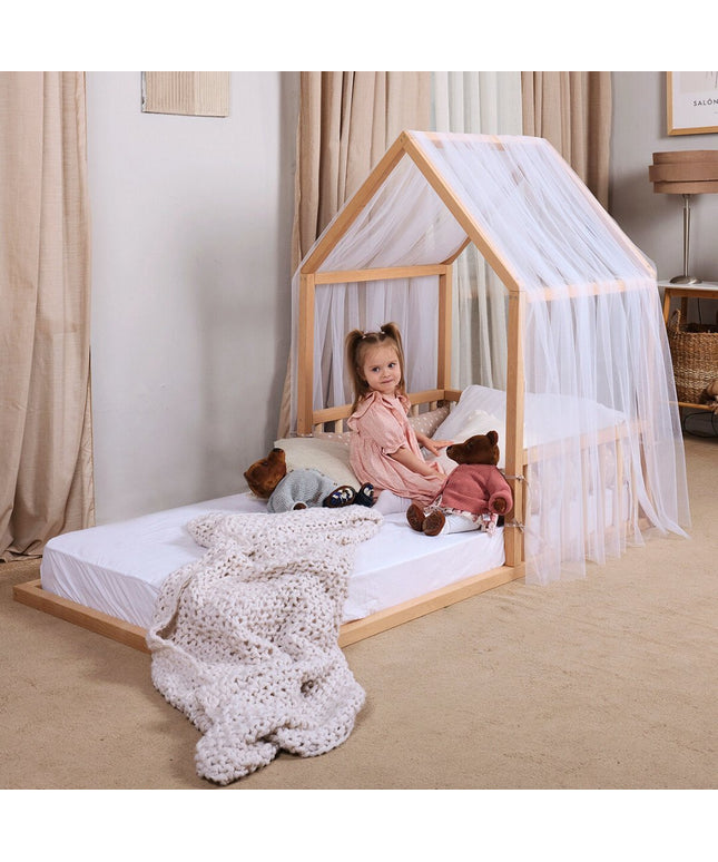 Small Wooden Montessori House Floor Bed with Fence and Roof for Kids (75x38 inch)