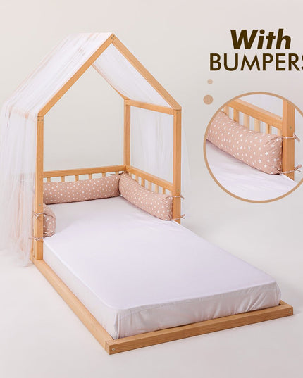 Wooden Montessori House Floor Bed with Fence and Roof for Kids (190x90 cm)