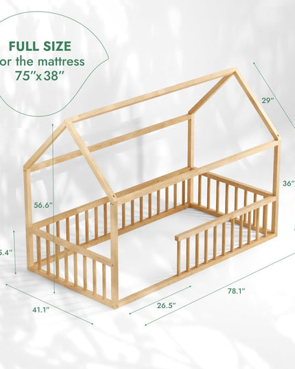 Twin Size Montessori House Bed for Kids with Fence