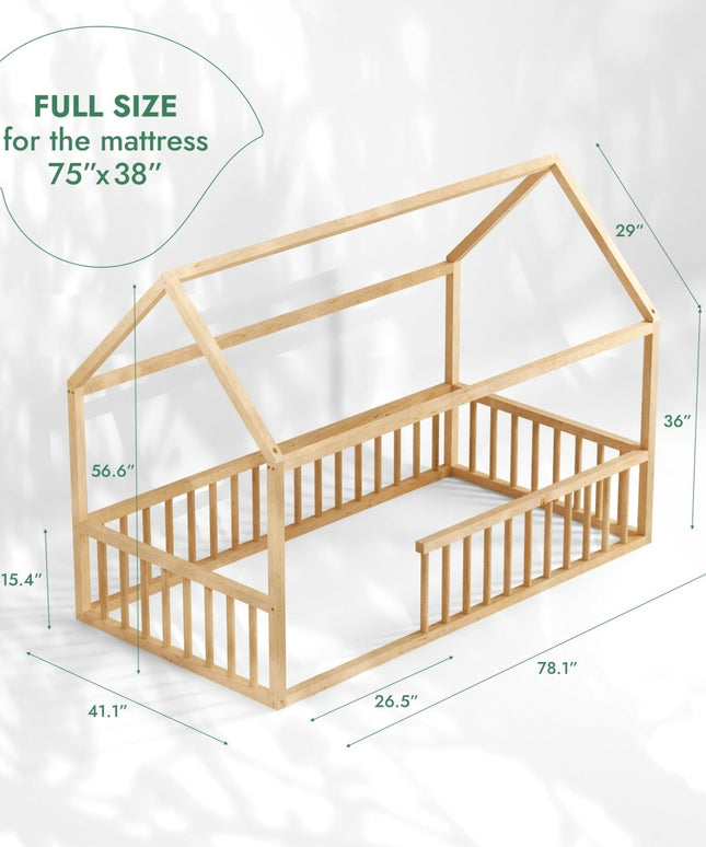 Twin Size Montessori House Bed for Kids with Fence