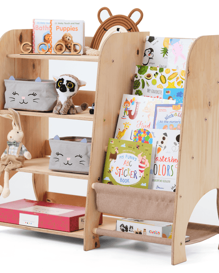 Wooden Montessori Shelves for Toddler 2in1: Bookshelf & Toy Shelving