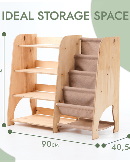 Wooden Montessori Shelves for Toddler 2in1: Bookshelf & Toy Shelving