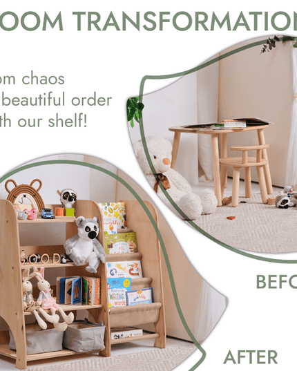Wooden Montessori Shelves for Toddler 2in1: Bookshelf & Toy Shelving