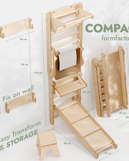 Wooden Swedish Wall / Climbing ladder for Children + Swing Set + Slide Board + Art Add-on