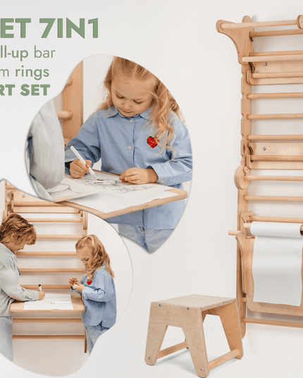 Wooden Swedish Wall / Climbing ladder for Children + Swing Set + Slide Board + Art Add-on