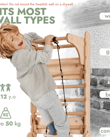 Wooden Swedish Wall / Climbing ladder for Children + Swing Set + Slide Board + Art Add-on