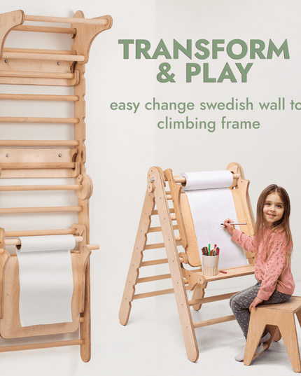 Wooden Swedish Wall / Climbing ladder for Children + Swing Set + Slide Board + Art Add-on